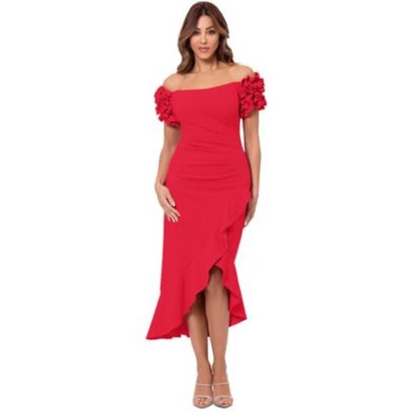 XSCAPE Women's Off-the-shoulder Scuba Crepe Midi Dress In Red Size 8 NWT - Picture 1 of 12